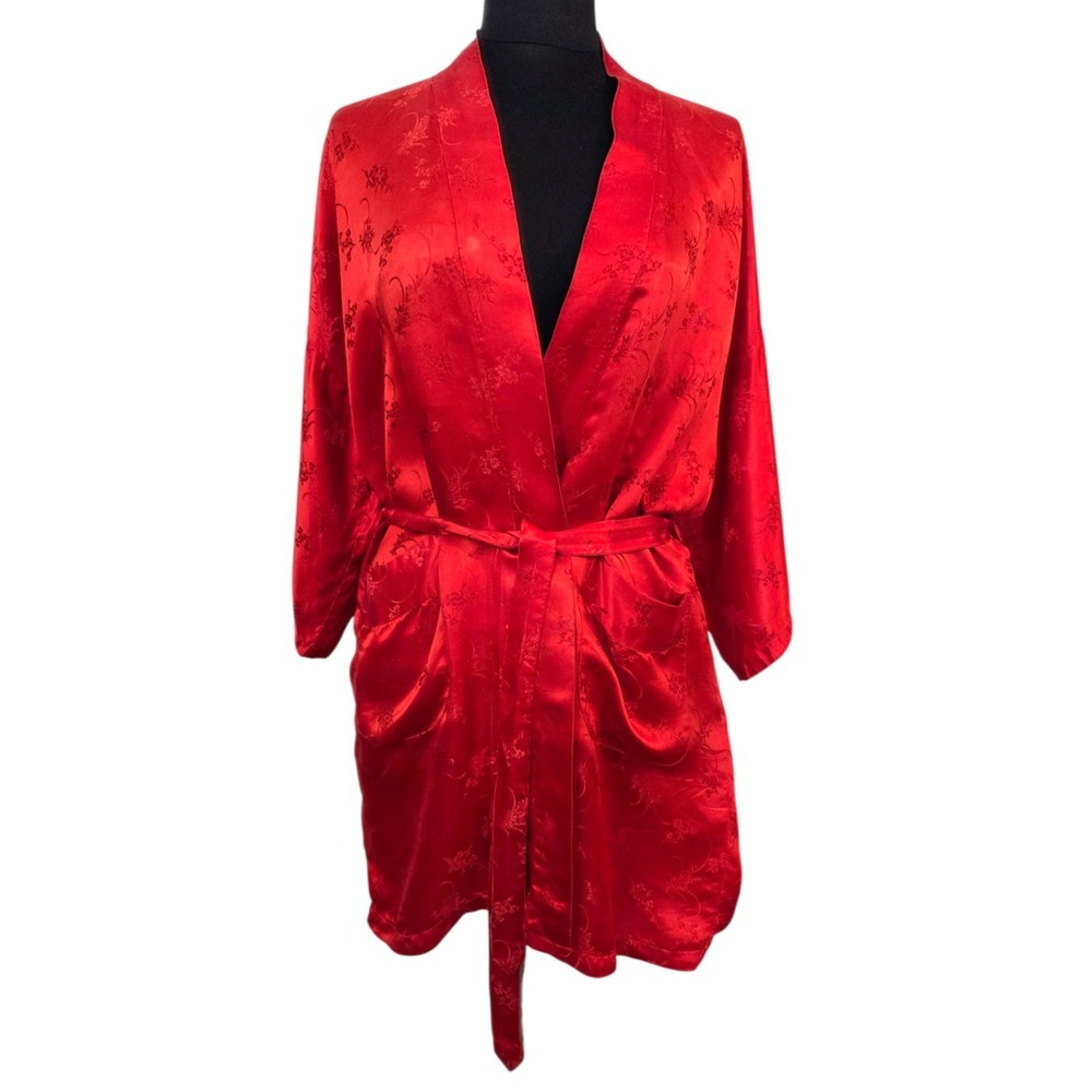 Vintage ESME Red Silk Asian Style Kimono Long Belted Floral Embossed Robe Large